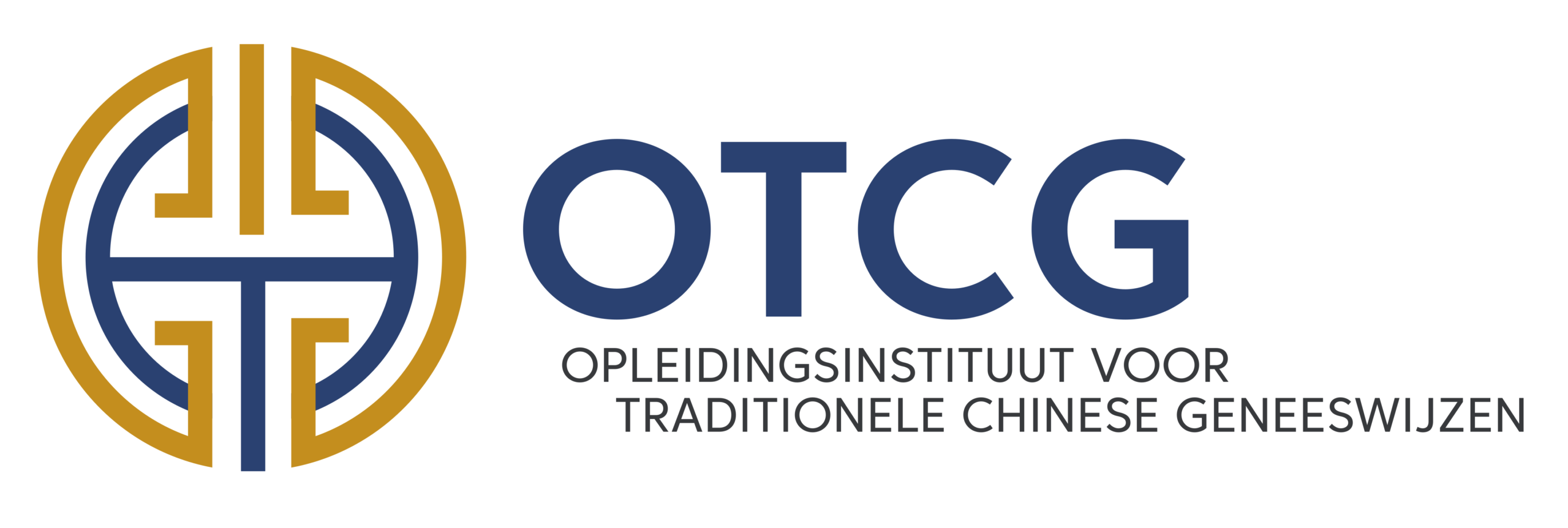 Logo van OTCG met daarnaast de tekst OTCG; Opleidingsinstituut voor Traditionele Chinese Genneswijzen. In het logo zelf zijn de O, T, C en G verweven in een combinatie van blauw en oker.
